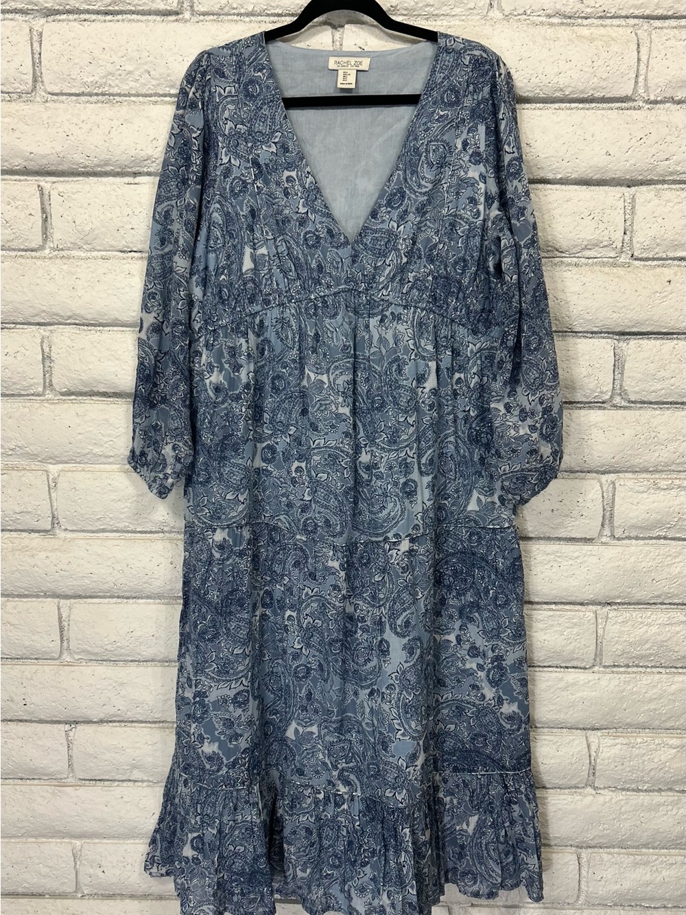 Rachel Zoe Blue Paisley Boho Tiered Midi Dress Women's Large Long Sleeve Flowy